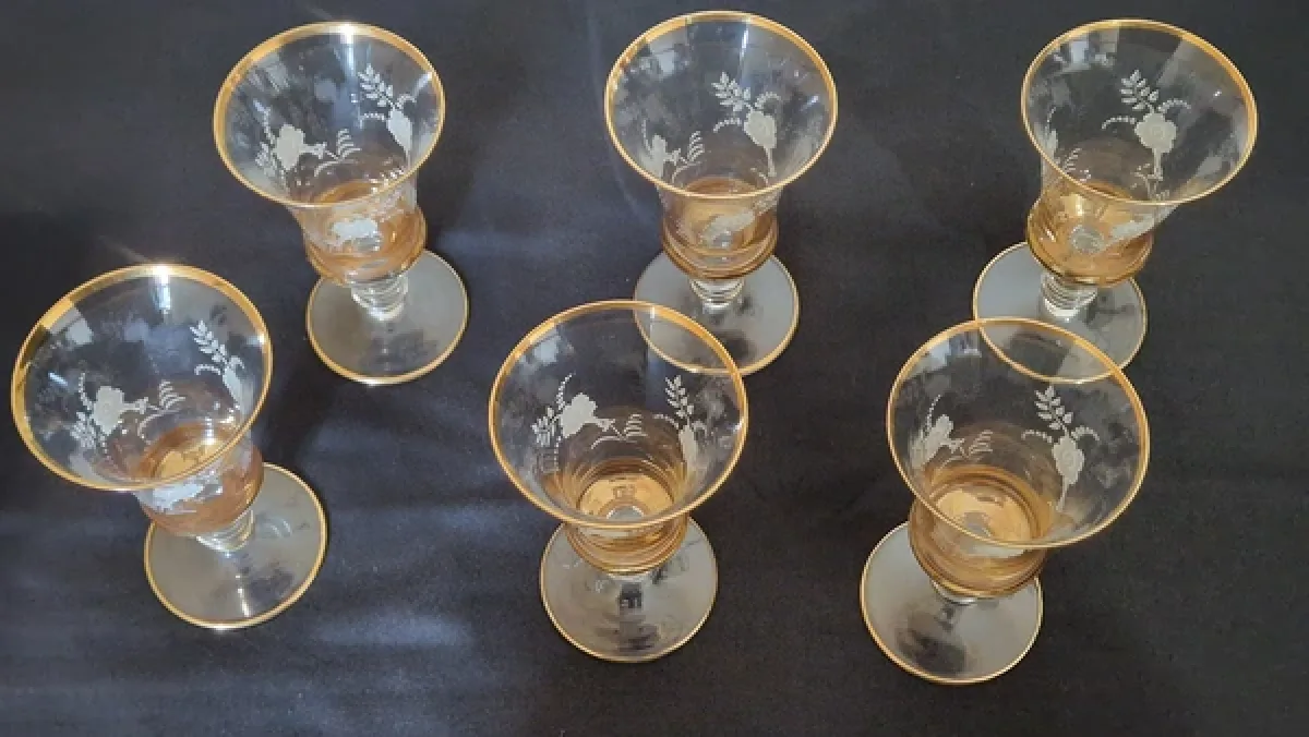 Set of 6 Vintage Gold Rim Rose Sherry Glasses photo 4