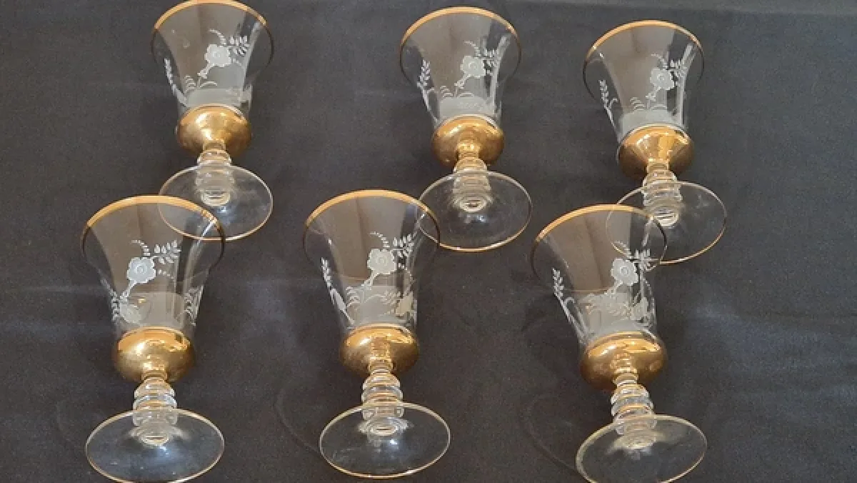 Set of 6 Vintage Gold Rim Rose Sherry Glasses photo 5