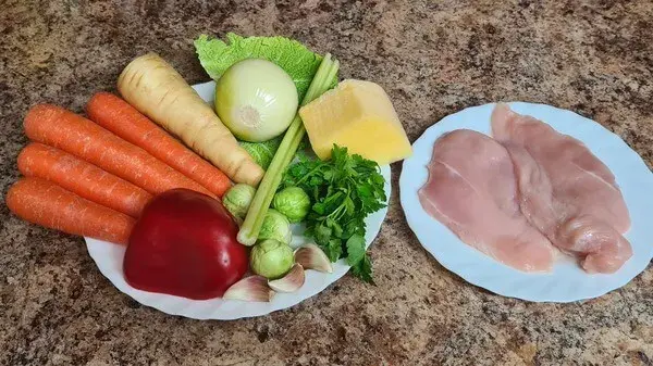 Ingredients for homemade chicken soup: chicken breasts, fresh carrots, parsnip, onion, garlic, bell pepper, Brussels sprouts, celery, parsley, and a piece of cheese arranged on plates.