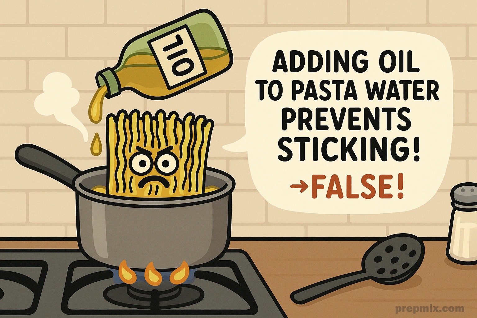 A cartoon-style illustration of an angry spaghetti block sitting upright in a boiling pot while olive oil is being poured on top. A speech bubble debunks the myth by saying: “Adding oil to pasta water prevents sticking!” followed by a bold red  FALSE! The scene humorously highlights the common kitchen misconception.