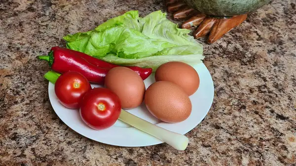 Fresh ingredients on a white plate: tomatoes, lettuce, chili, spring onion and brown eggs – ready for a breakfast dish.