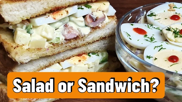 A close-up of a creamy veggie salad with sausage, eggs, and cheese, served two ways – inside a golden toasted sandwich and in a bowl topped with egg slices and sriracha.