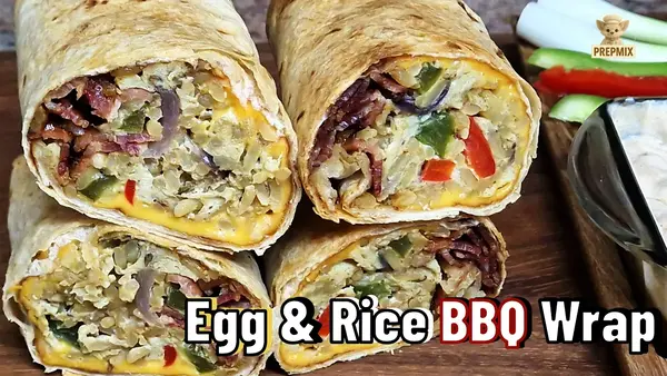 Close-up of sliced BBQ tortilla wraps filled with egg-fried rice, bacon, peppers, melted cheese, and crispy veggies, stacked on a wooden board.