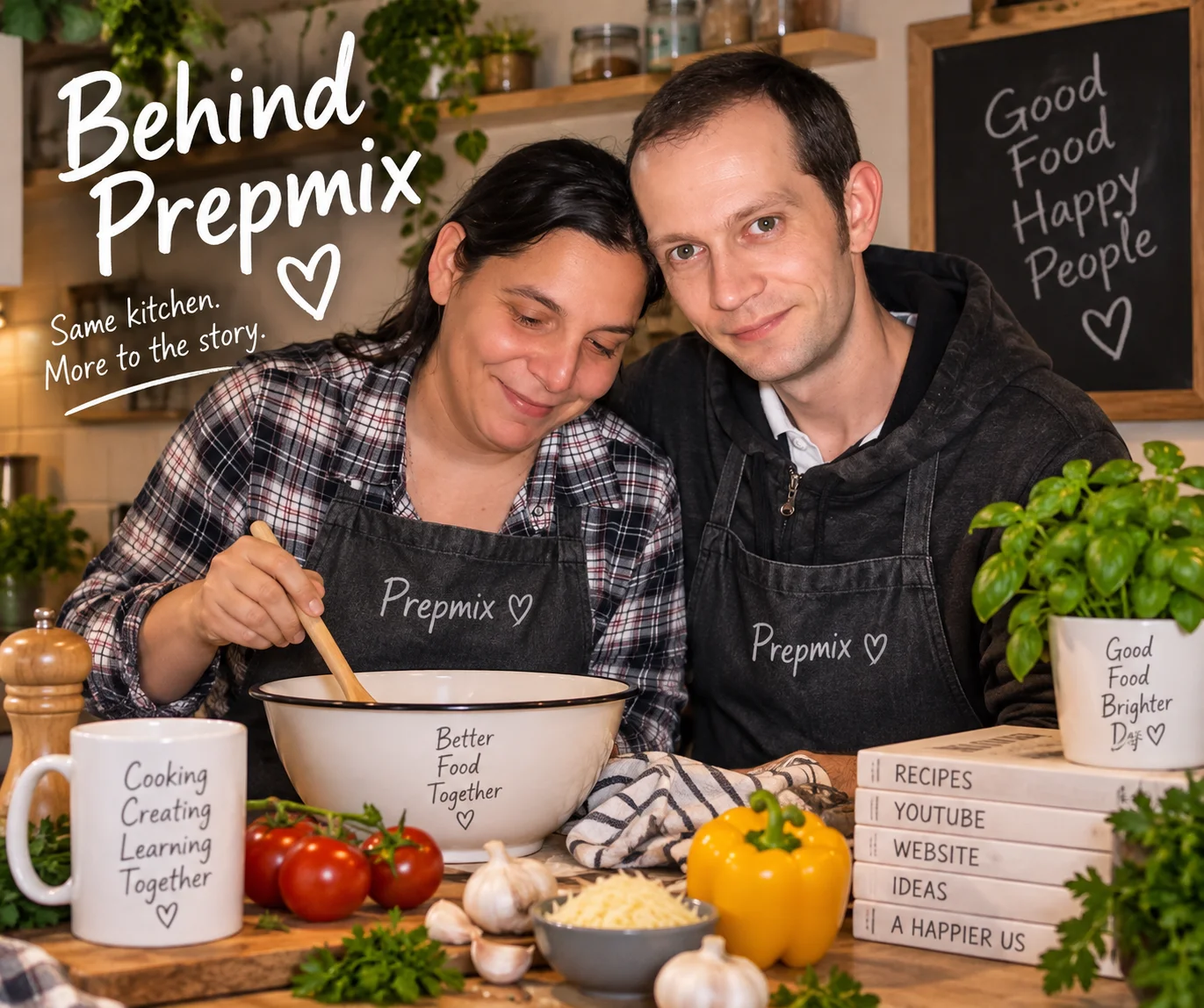 The two of us behind Prepmix together in a kitchen.